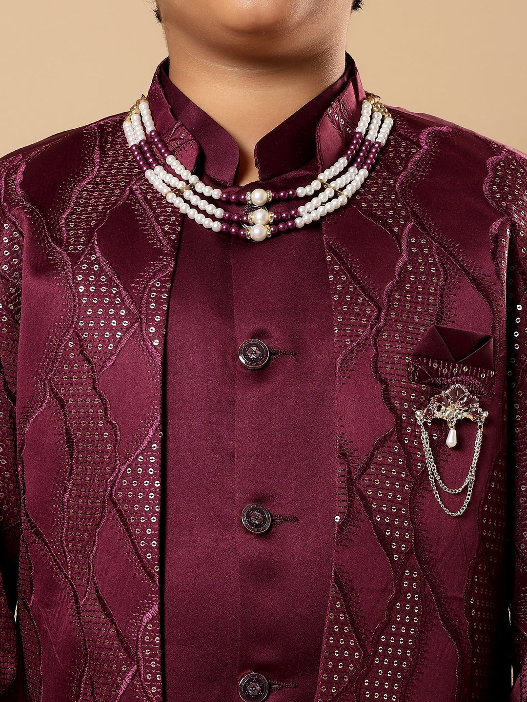 Boys Satin Wavy Embroidered Sequined Sherwani Set with Trousers, Jacket and Necklace - Burgundy | SHOBITAM