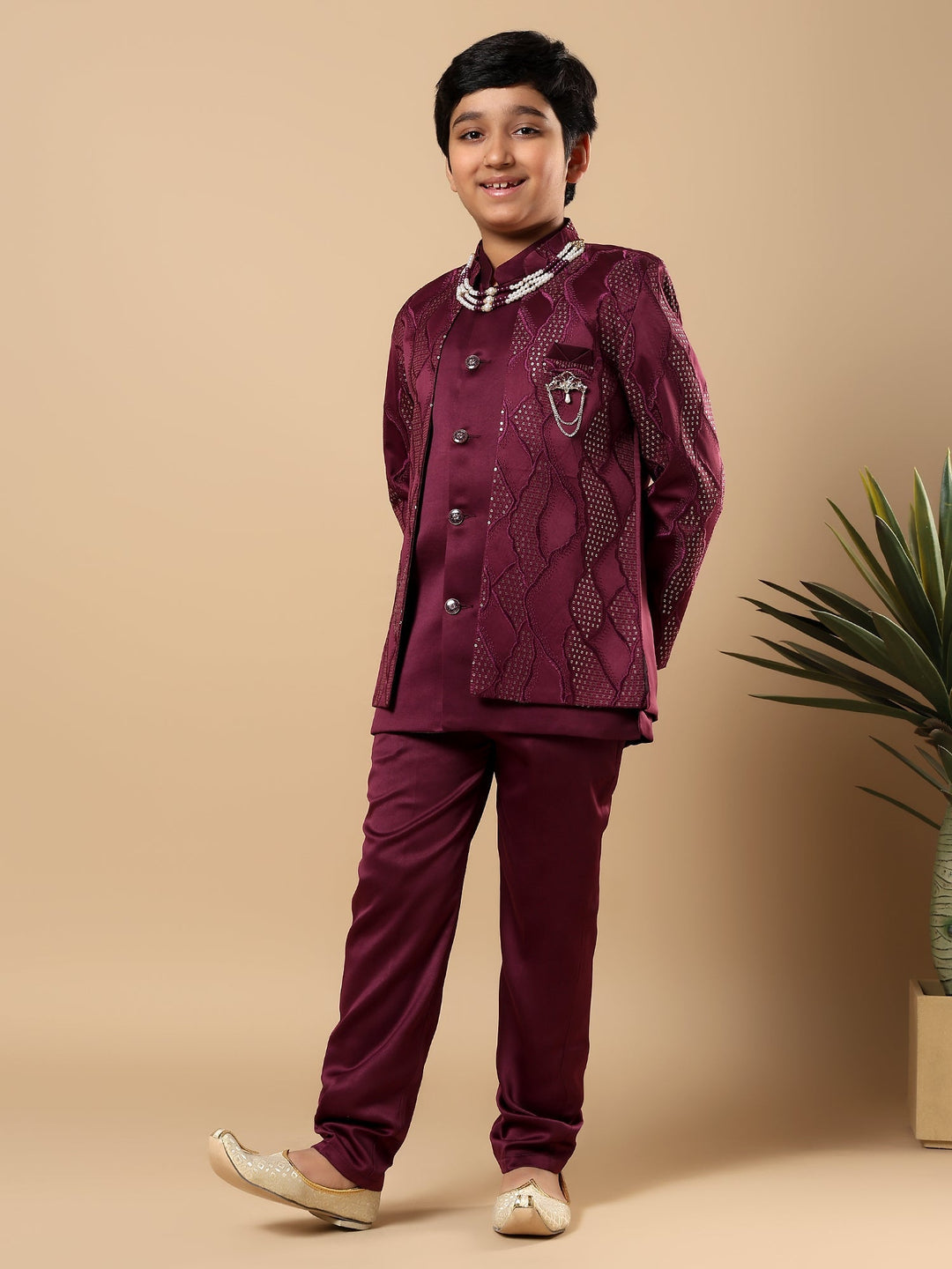 Boys Satin Wavy Embroidered Sequined Sherwani Set with Trousers, Jacket and Necklace - Burgundy | SHOBITAM