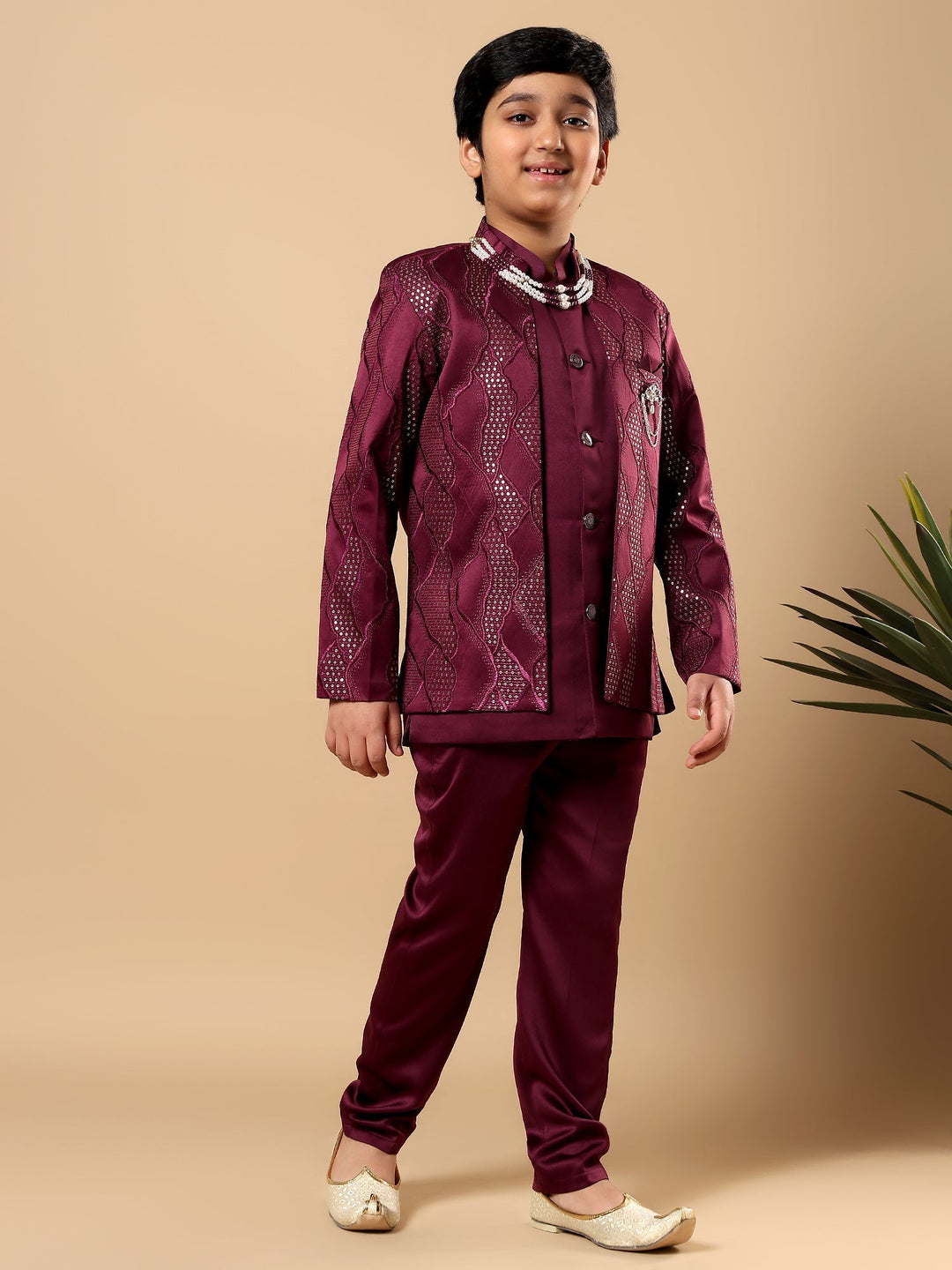 Boys Satin Wavy Embroidered Sequined Sherwani Set with Trousers, Jacket and Necklace - Burgundy | SHOBITAM