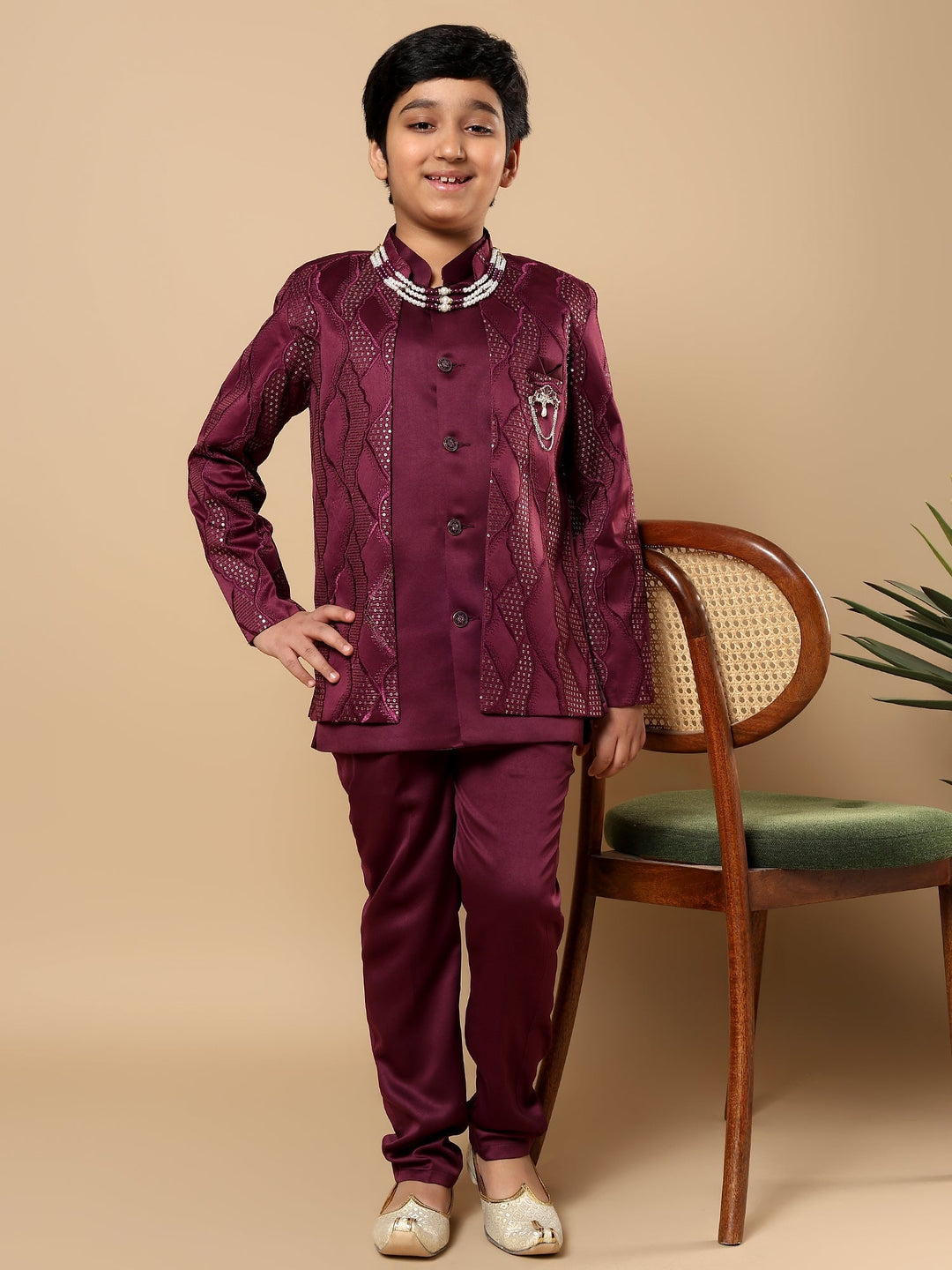 Boys Satin Wavy Embroidered Sequined Sherwani Set with Trousers, Jacket and Necklace - Burgundy | SHOBITAM