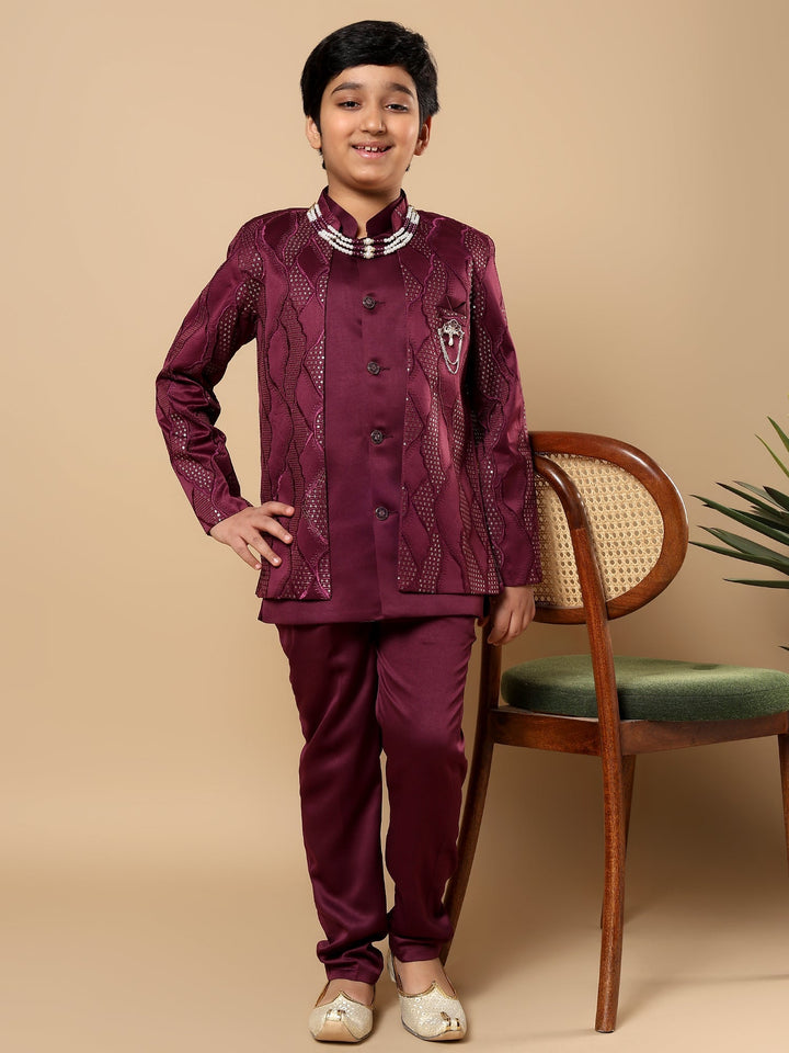 Boys Satin Wavy Embroidered Sequined Sherwani Set with Trousers, Jacket and Necklace - Burgundy | SHOBITAM
