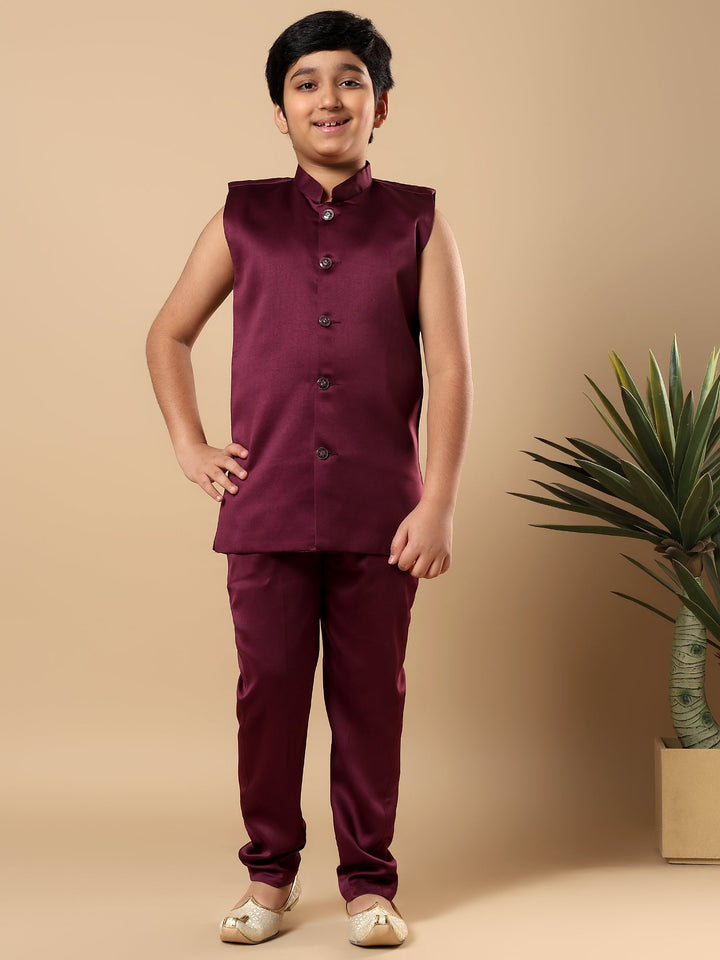 Boys Satin Wavy Embroidered Sequined Sherwani Set with Trousers, Jacket and Necklace - Burgundy | SHOBITAM