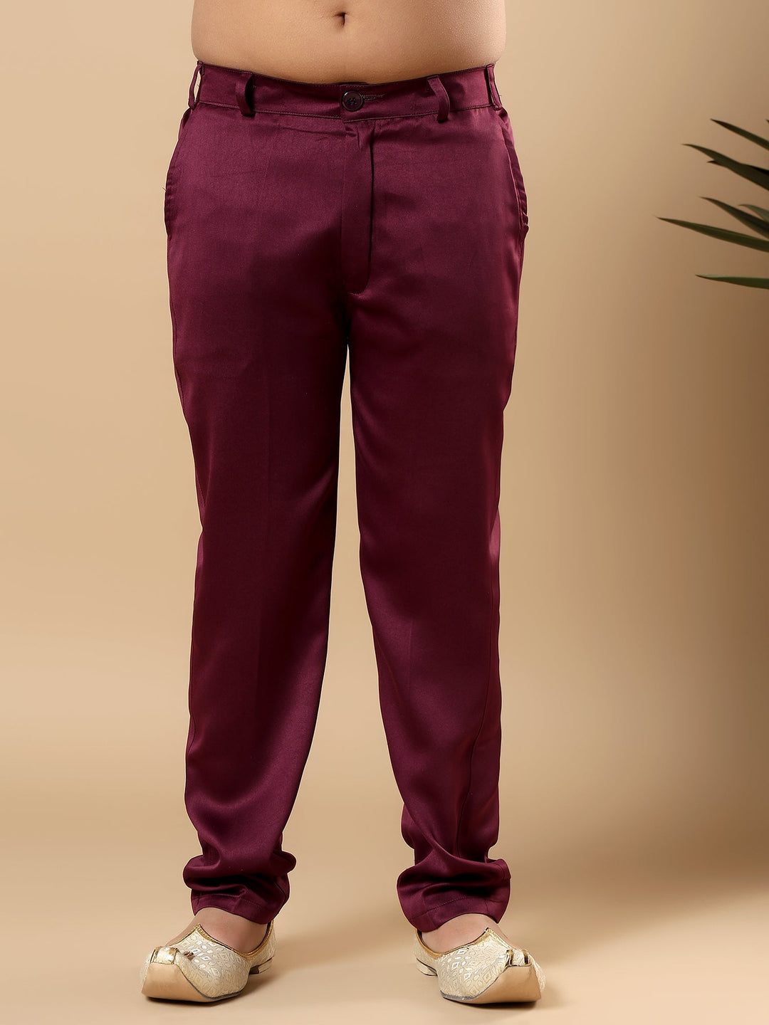 Boys Satin Wavy Embroidered Sequined Sherwani Set with Trousers, Jacket and Necklace - Burgundy | SHOBITAM