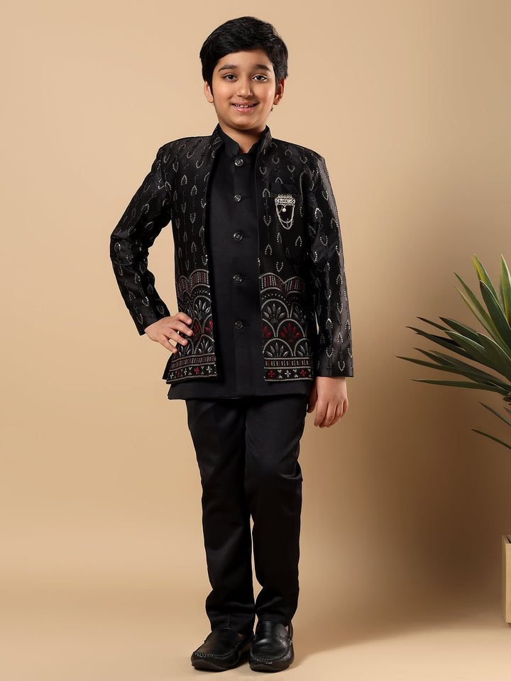 Boys Satin Buti Embroidered Panel Work Sequined Sherwani Set with Trousers and Jacket - Black | SHOBITAM