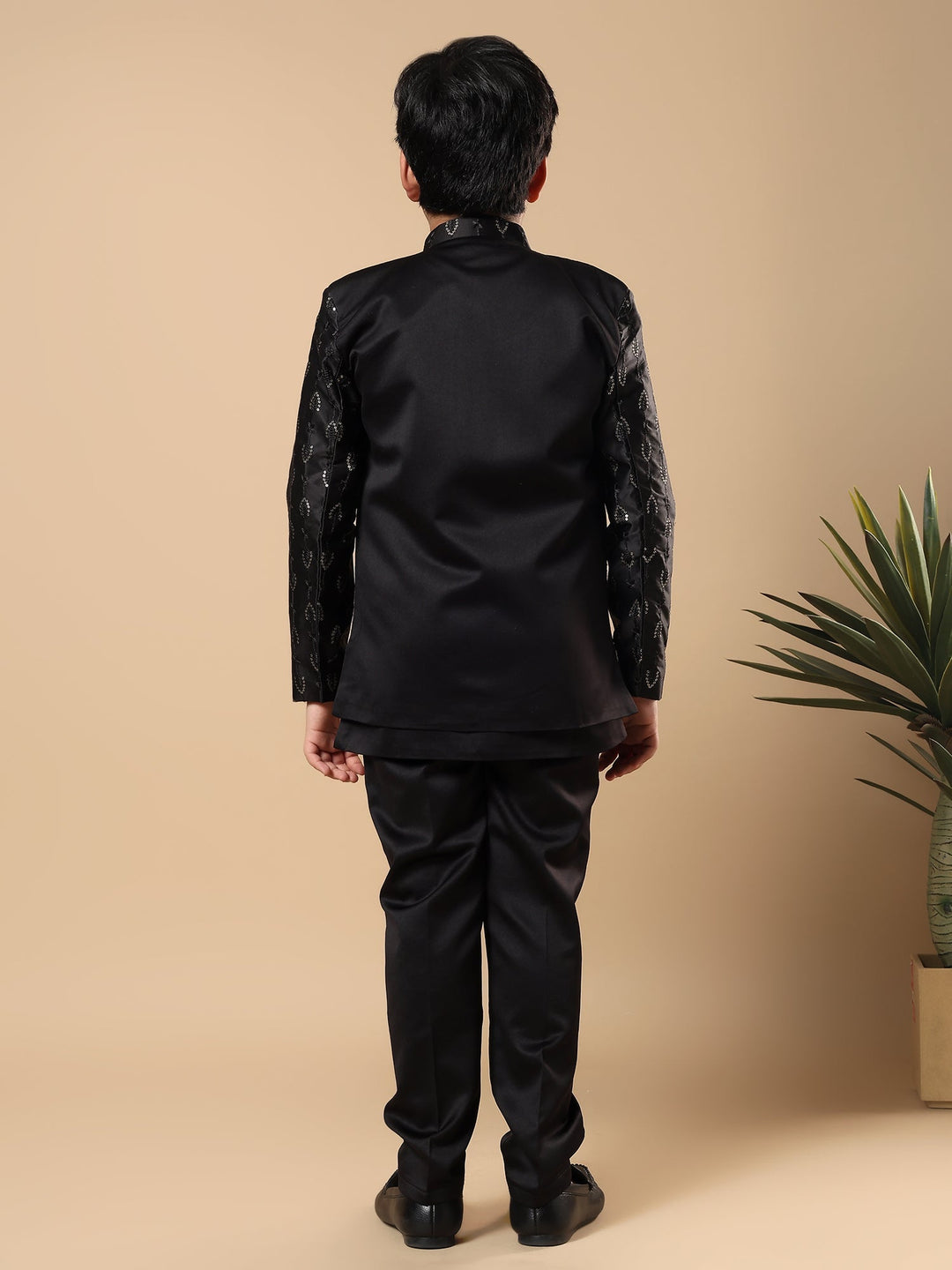 Boys Satin Buti Embroidered Panel Work Sequined Sherwani Set with Trousers and Jacket - Black | SHOBITAM