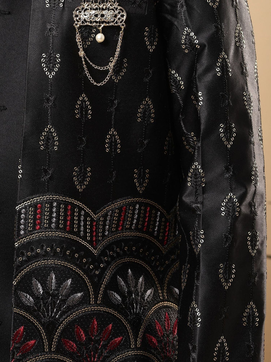 Boys Satin Buti Embroidered Panel Work Sequined Sherwani Set with Trousers and Jacket - Black | SHOBITAM