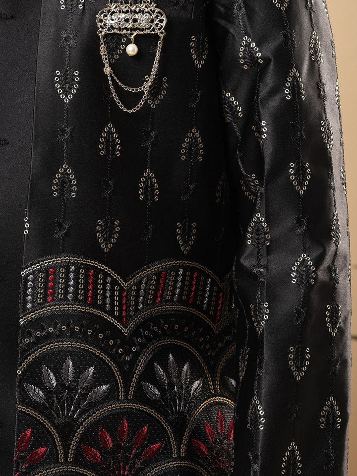 Boys Satin Buti Embroidered Panel Work Sequined Sherwani Set with Trousers and Jacket - Black | SHOBITAM