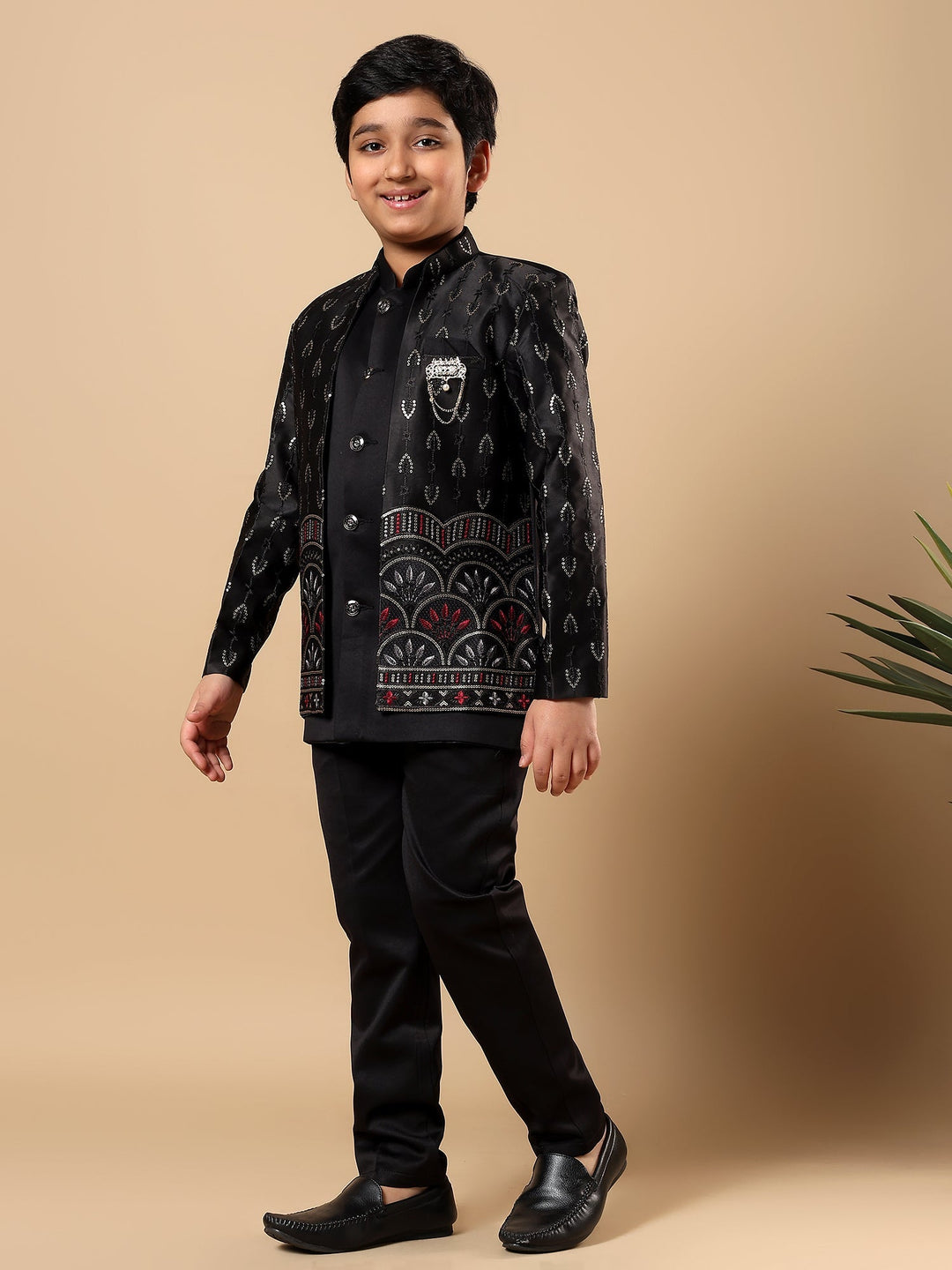 Boys Satin Buti Embroidered Panel Work Sequined Sherwani Set with Trousers and Jacket - Black | SHOBITAM