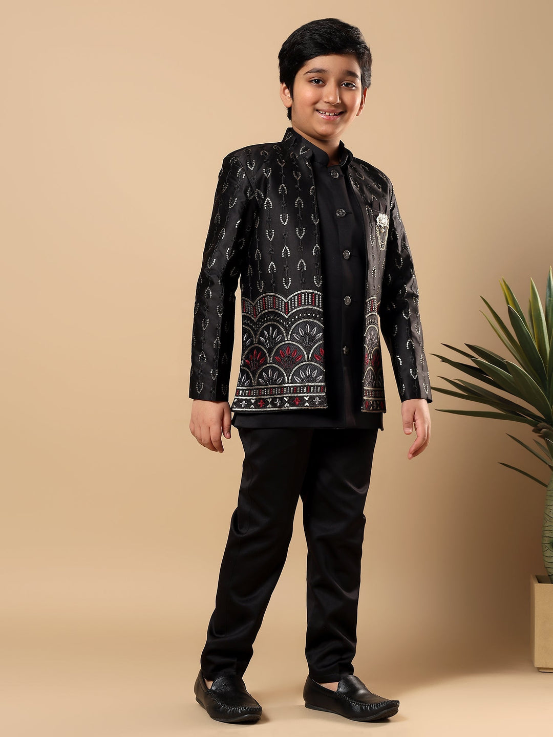 Boys Satin Buti Embroidered Panel Work Sequined Sherwani Set with Trousers and Jacket - Black | SHOBITAM
