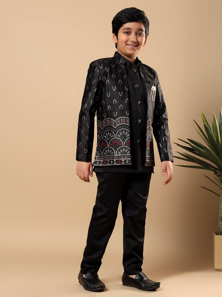 Boys Satin Buti Embroidered Panel Work Sequined Sherwani Set with Trousers and Jacket - Black | SHOBITAM