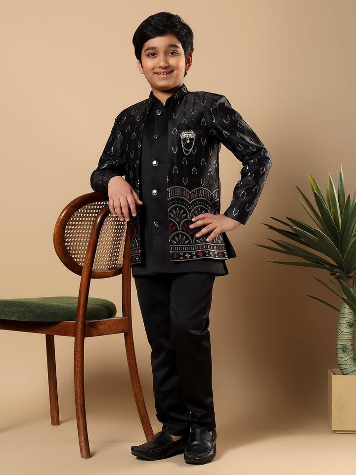 Boys Satin Buti Embroidered Panel Work Sequined Sherwani Set with Trousers and Jacket - Black | SHOBITAM