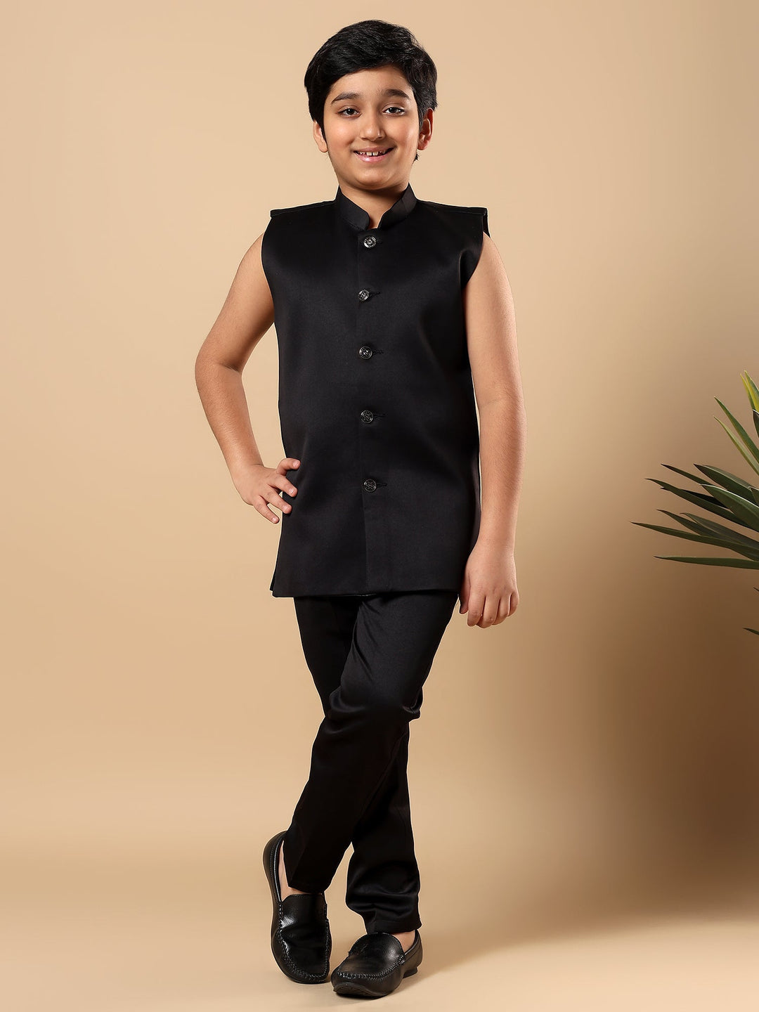 Boys Satin Buti Embroidered Panel Work Sequined Sherwani Set with Trousers and Jacket - Black | SHOBITAM
