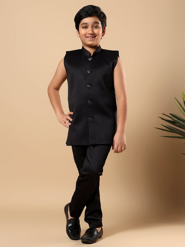Boys Satin Buti Embroidered Panel Work Sequined Sherwani Set with Trousers and Jacket - Black | SHOBITAM