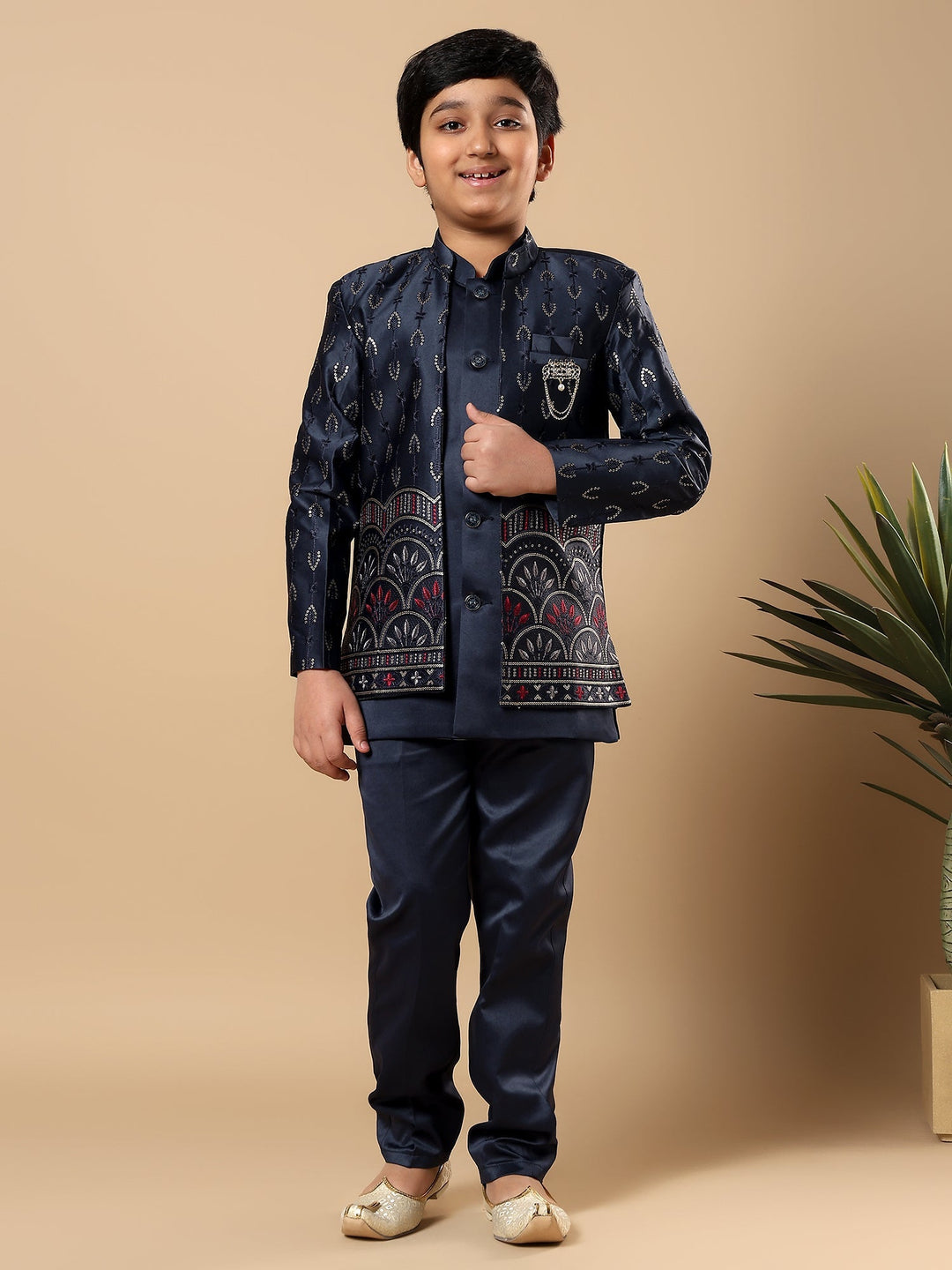 Boys Satin Buti Embroidered Panel Work Sequined Sherwani Set with Trousers and Jacket - Navy Blue | SHOBITAM