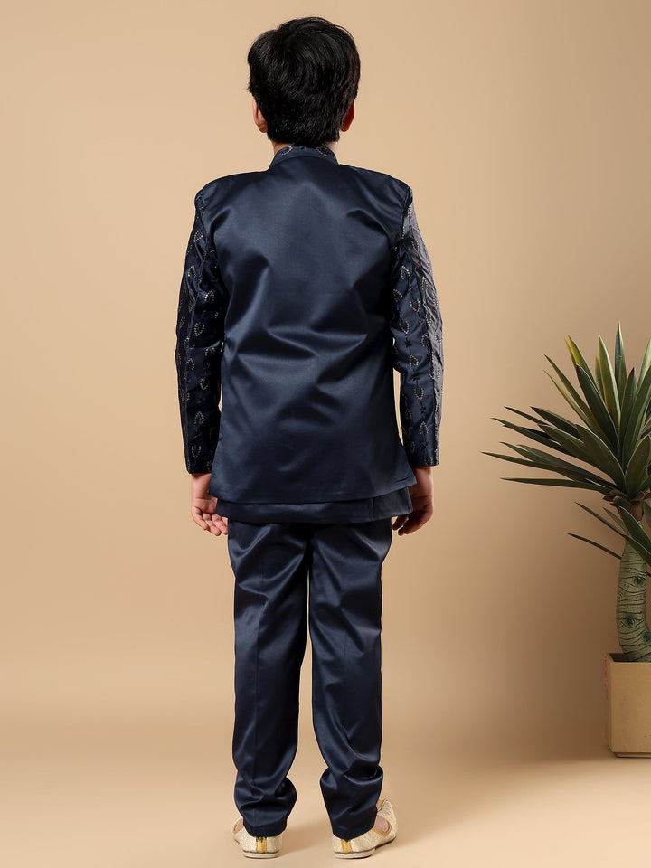 Boys Satin Buti Embroidered Panel Work Sequined Sherwani Set with Trousers and Jacket - Navy Blue | SHOBITAM