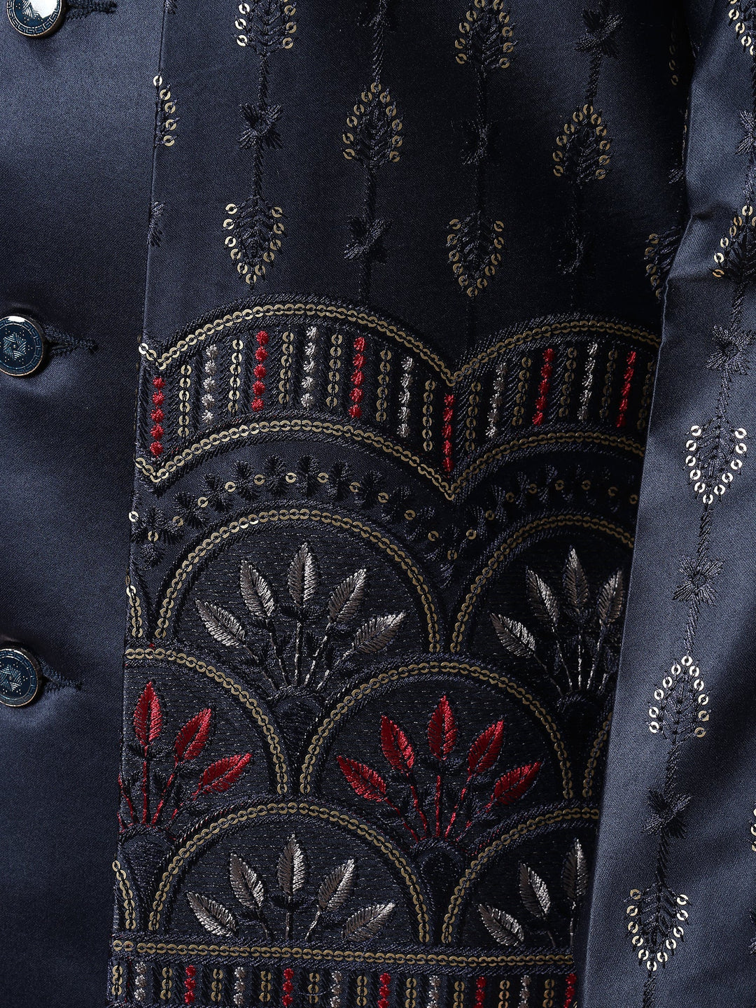 Boys Satin Buti Embroidered Panel Work Sequined Sherwani Set with Trousers and Jacket - Navy Blue | SHOBITAM
