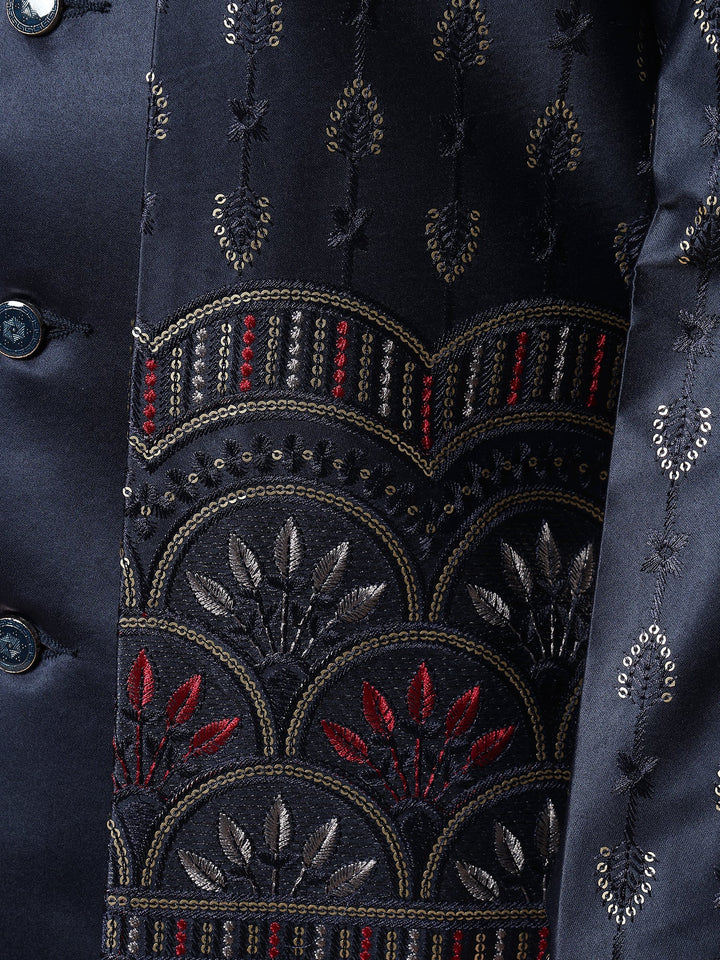 Boys Satin Buti Embroidered Panel Work Sequined Sherwani Set with Trousers and Jacket - Navy Blue | SHOBITAM