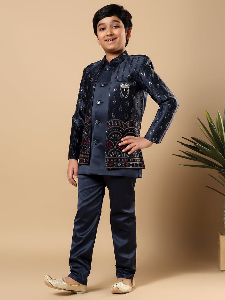 Boys Satin Buti Embroidered Panel Work Sequined Sherwani Set with Trousers and Jacket - Navy Blue | SHOBITAM
