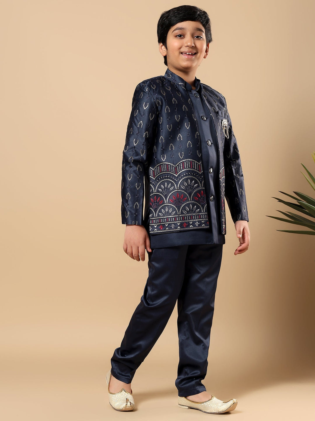 Boys Satin Buti Embroidered Panel Work Sequined Sherwani Set with Trousers and Jacket - Navy Blue | SHOBITAM