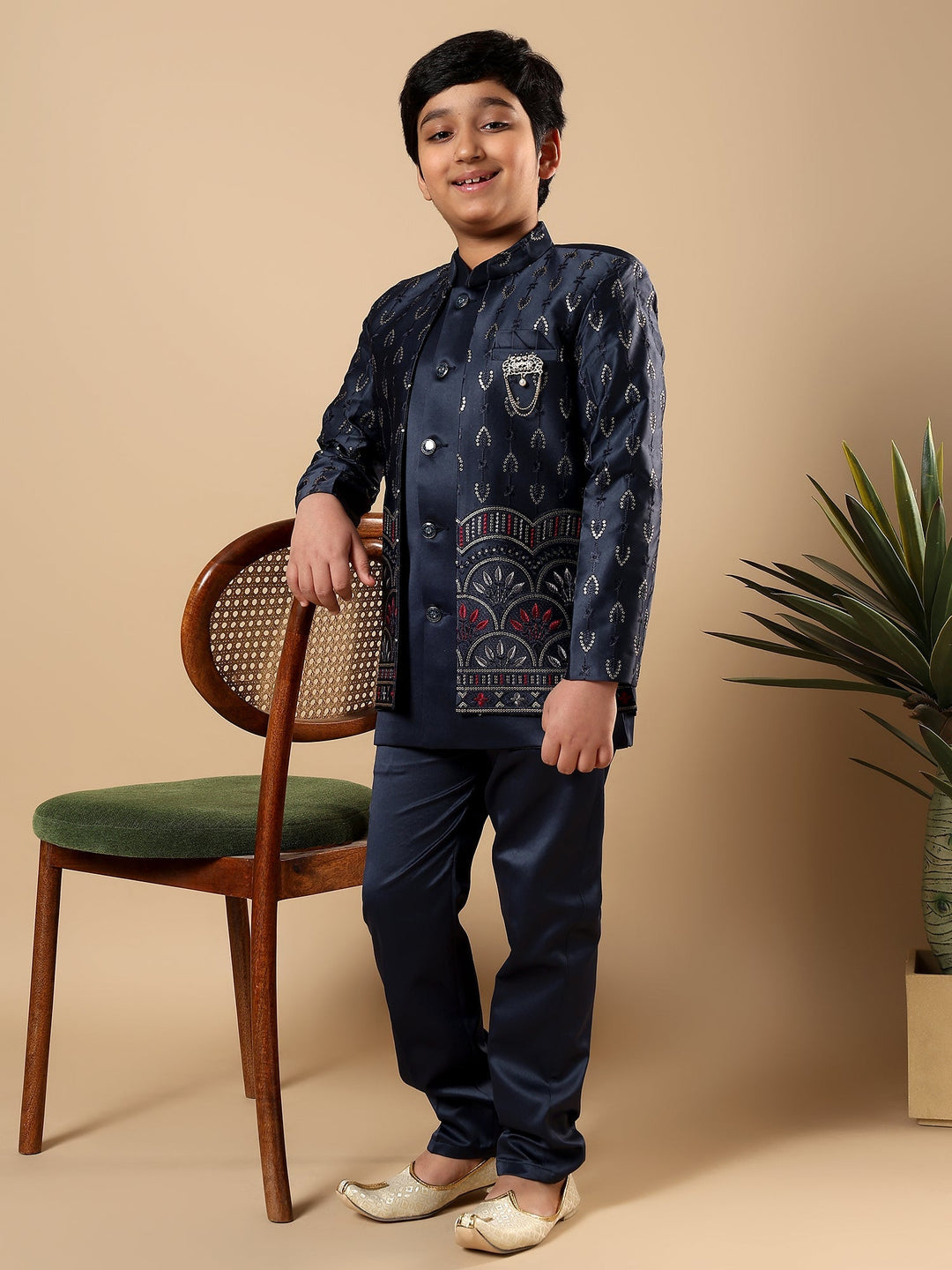 Boys Satin Buti Embroidered Panel Work Sequined Sherwani Set with Trousers and Jacket - Navy Blue | SHOBITAM