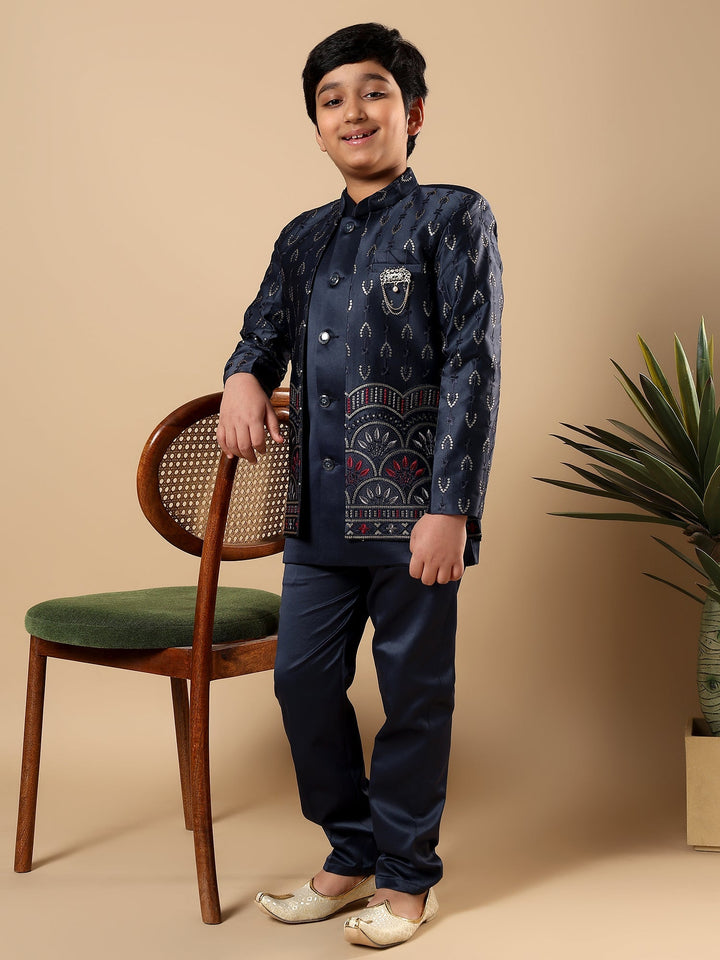 Boys Satin Buti Embroidered Panel Work Sequined Sherwani Set with Trousers and Jacket - Navy Blue | SHOBITAM