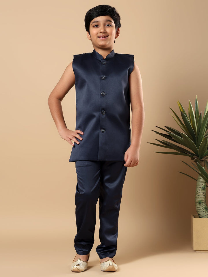 Boys Satin Buti Embroidered Panel Work Sequined Sherwani Set with Trousers and Jacket - Navy Blue | SHOBITAM