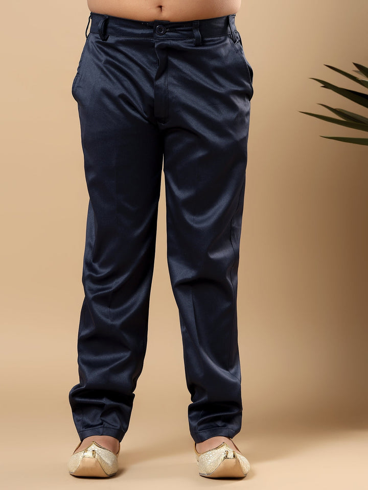 Boys Satin Buti Embroidered Panel Work Sequined Sherwani Set with Trousers and Jacket - Navy Blue | SHOBITAM