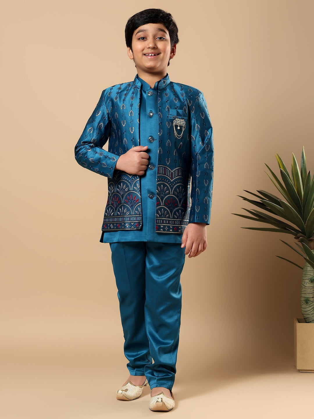 Boys Satin Buti Embroidered Panel Work Sequined Sherwani Set with Trousers and Jacket - Teal Blue | SHOBITAM