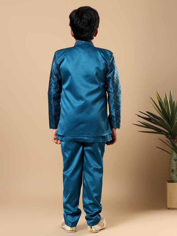 Boys Satin Buti Embroidered Panel Work Sequined Sherwani Set with Trousers and Jacket - Teal Blue | SHOBITAM