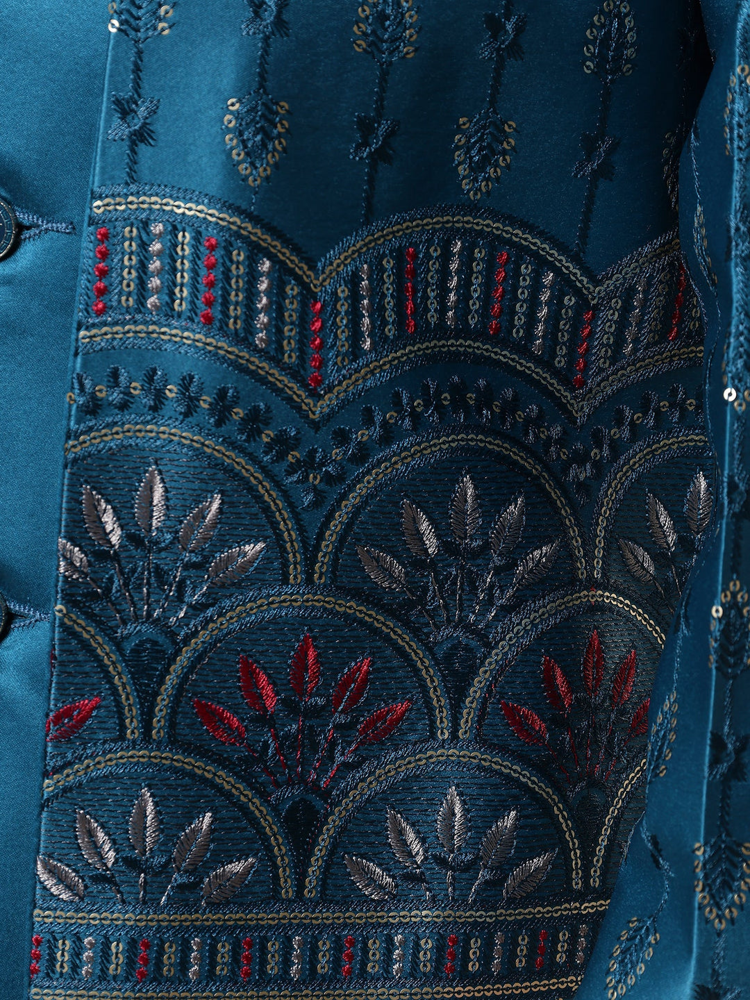 Boys Satin Buti Embroidered Panel Work Sequined Sherwani Set with Trousers and Jacket - Teal Blue | SHOBITAM