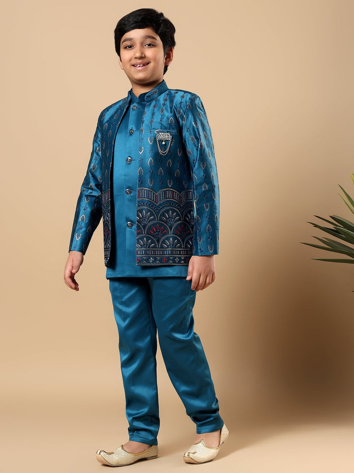 Boys Satin Buti Embroidered Panel Work Sequined Sherwani Set with Trousers and Jacket - Teal Blue | SHOBITAM