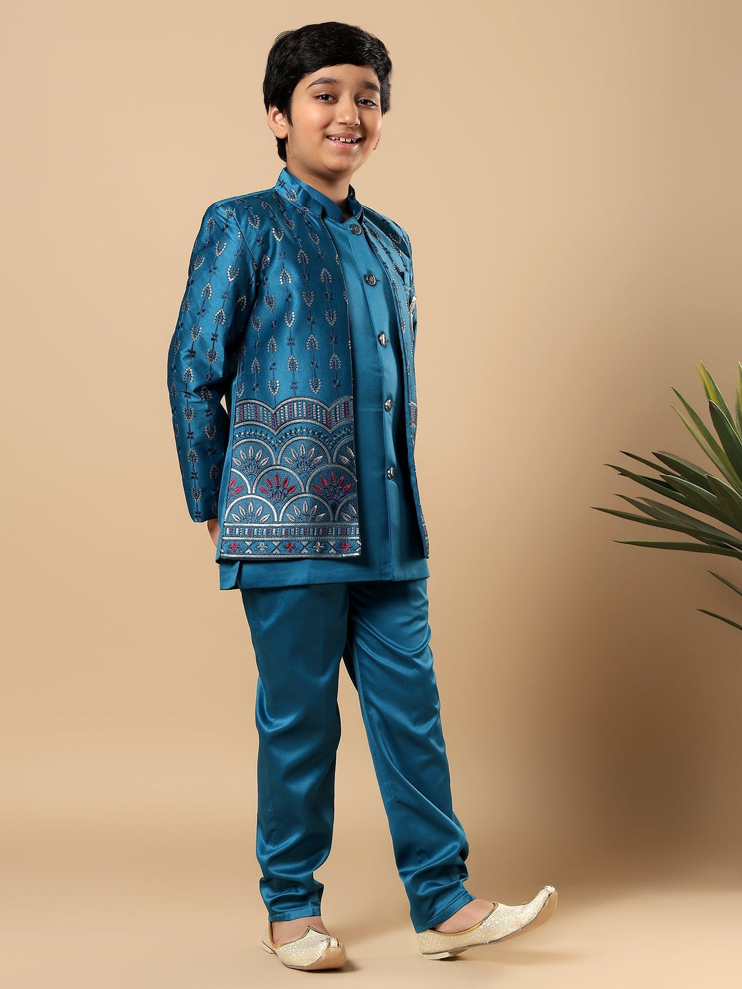 Boys Satin Buti Embroidered Panel Work Sequined Sherwani Set with Trousers and Jacket - Teal Blue | SHOBITAM