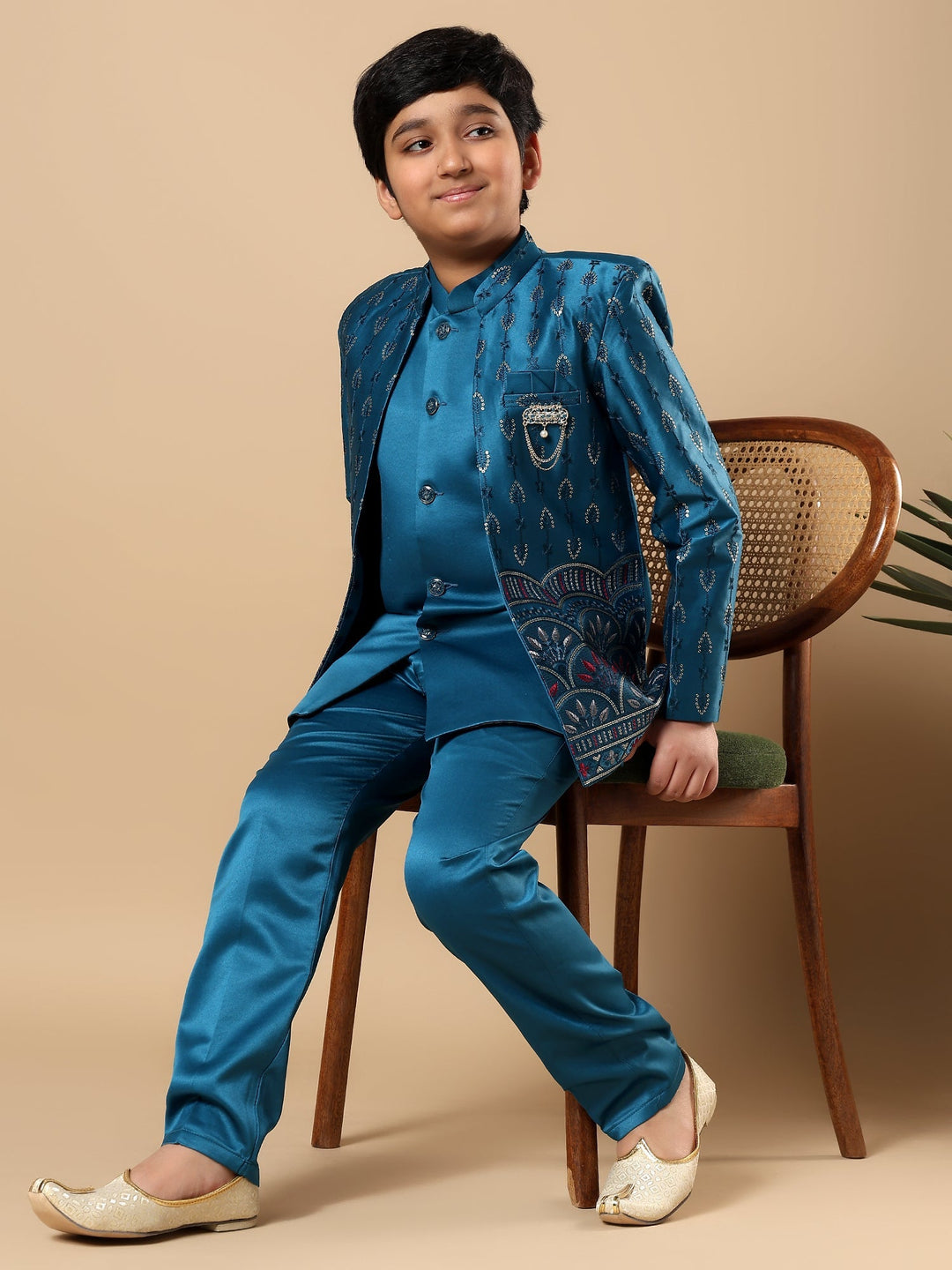 Boys Satin Buti Embroidered Panel Work Sequined Sherwani Set with Trousers and Jacket - Teal Blue | SHOBITAM
