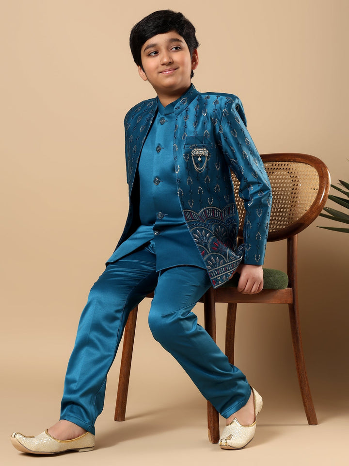 Boys Satin Buti Embroidered Panel Work Sequined Sherwani Set with Trousers and Jacket - Teal Blue | SHOBITAM