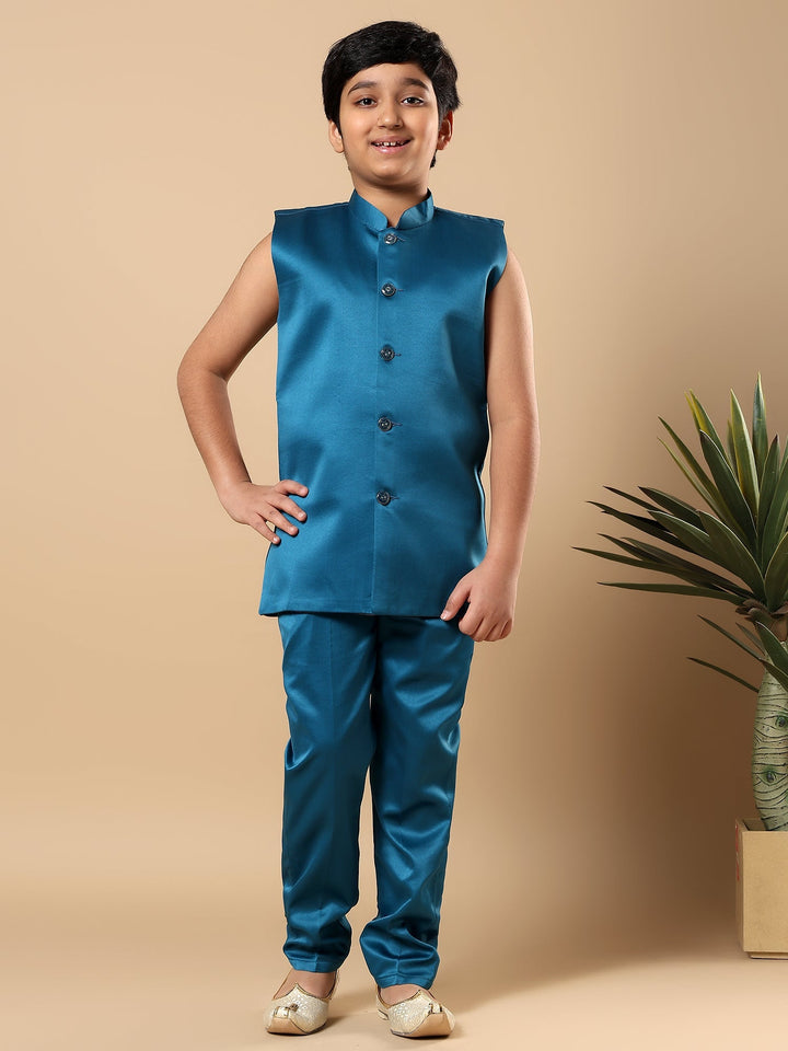 Boys Satin Buti Embroidered Panel Work Sequined Sherwani Set with Trousers and Jacket - Teal Blue | SHOBITAM