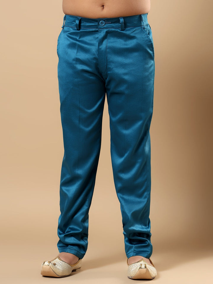 Boys Satin Buti Embroidered Panel Work Sequined Sherwani Set with Trousers and Jacket - Teal Blue | SHOBITAM