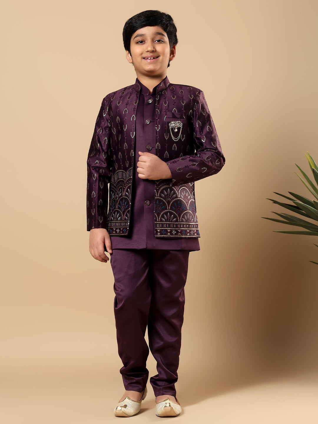 Boys Satin Buti Embroidered Panel Work Sequined Sherwani Set with Trousers and Jacket - Wine | SHOBITAM