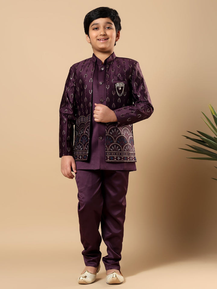 Boys Satin Buti Embroidered Panel Work Sequined Sherwani Set with Trousers and Jacket - Wine | SHOBITAM