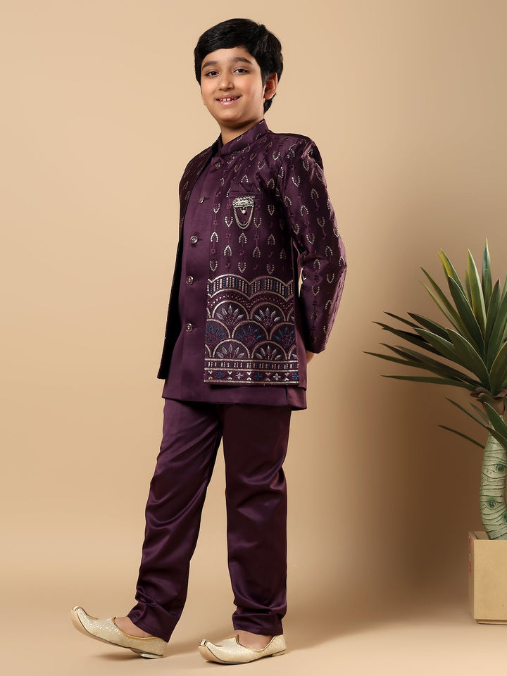 Boys Satin Buti Embroidered Panel Work Sequined Sherwani Set with Trousers and Jacket - Wine | SHOBITAM