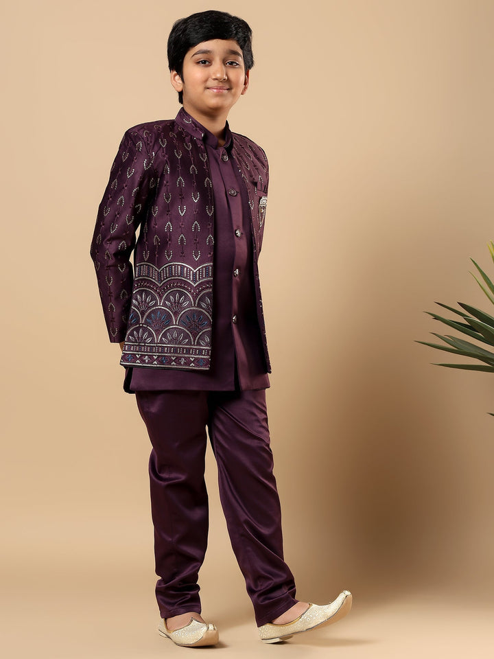 Boys Satin Buti Embroidered Panel Work Sequined Sherwani Set with Trousers and Jacket - Wine | SHOBITAM