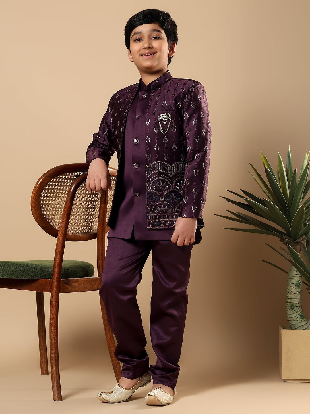 Boys Satin Buti Embroidered Panel Work Sequined Sherwani Set with Trousers and Jacket - Wine | SHOBITAM