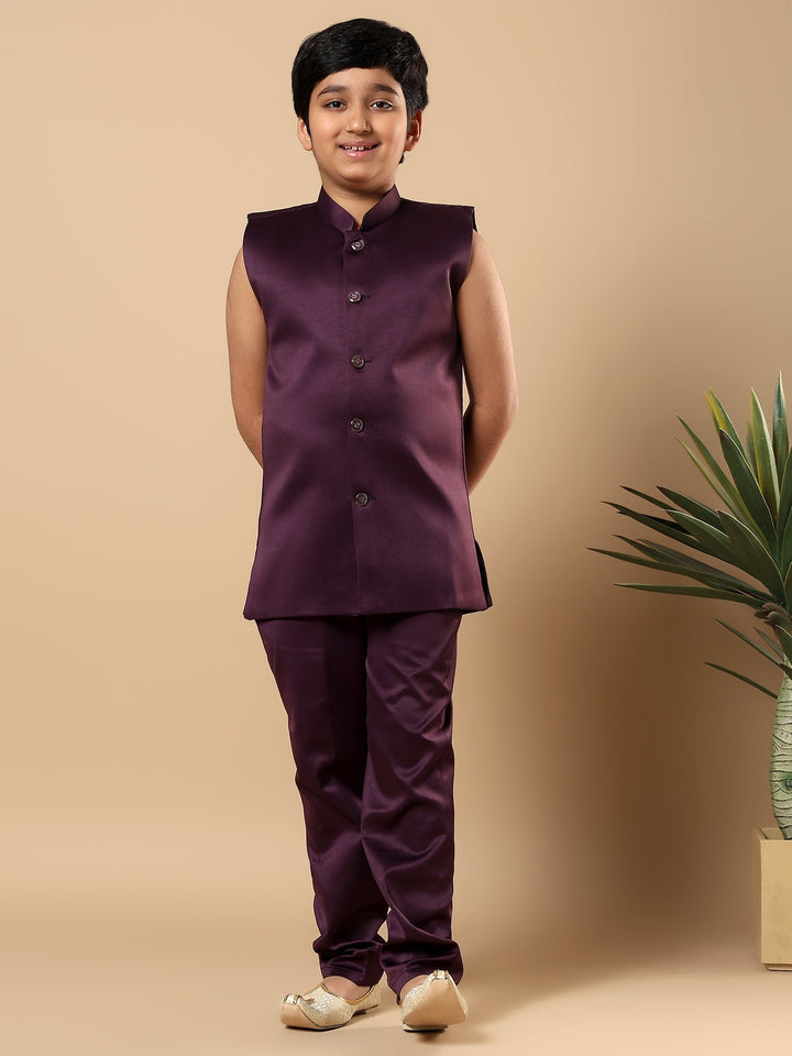 Boys Satin Buti Embroidered Panel Work Sequined Sherwani Set with Trousers and Jacket - Wine | SHOBITAM