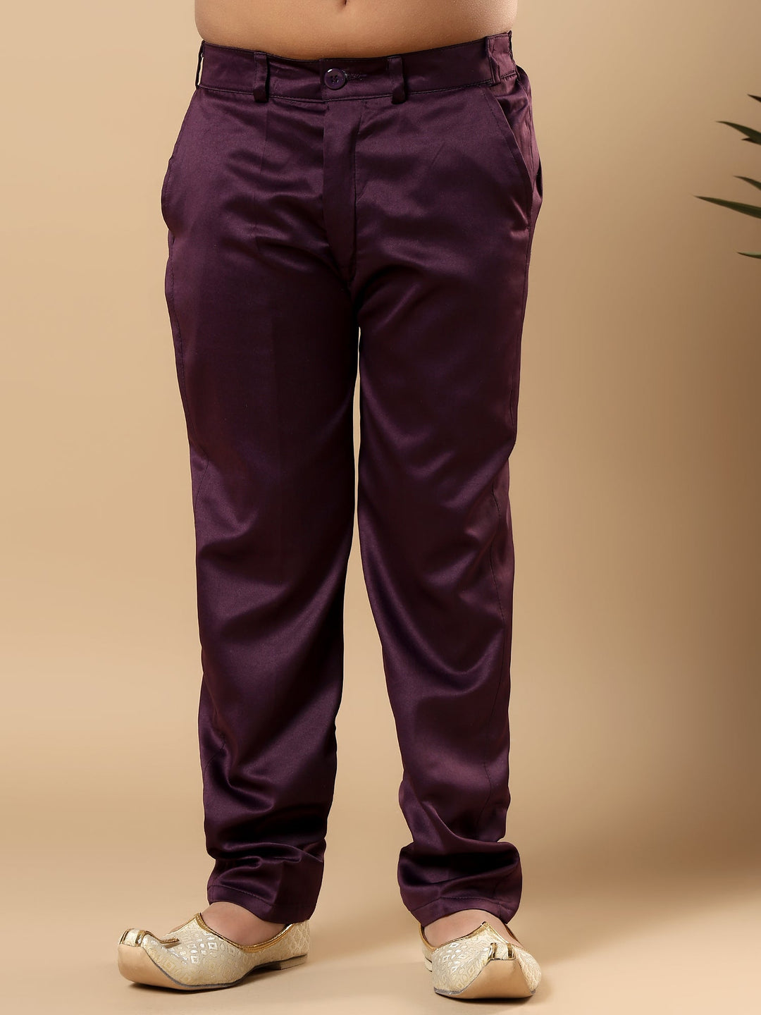Boys Satin Buti Embroidered Panel Work Sequined Sherwani Set with Trousers and Jacket - Wine | SHOBITAM