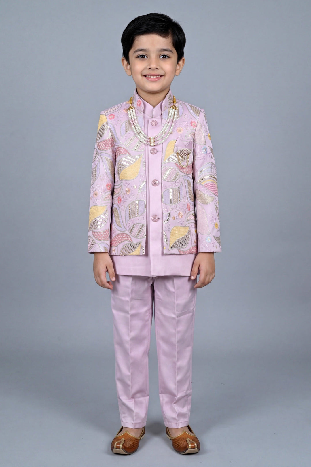 Boys Satin Leaf Embroidered Sequined Sherwani & Trouser Set with Jacket - Lilac | SHOBITAM