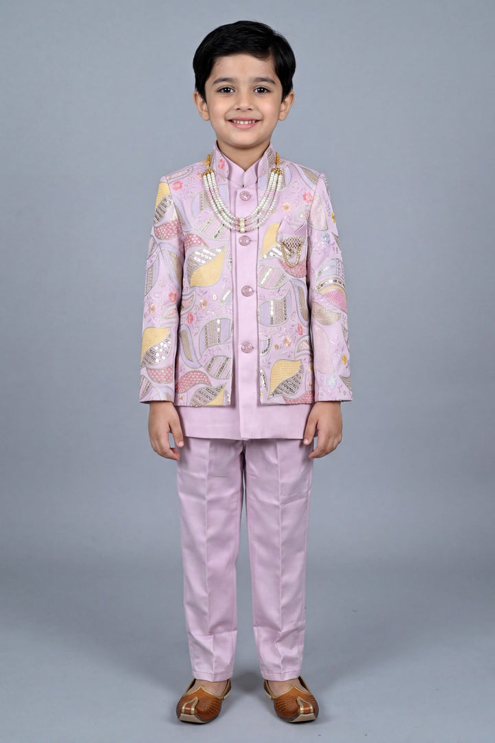 Boys Satin Leaf Embroidered Sequined Sherwani & Trouser Set with Jacket - Lilac | SHOBITAM