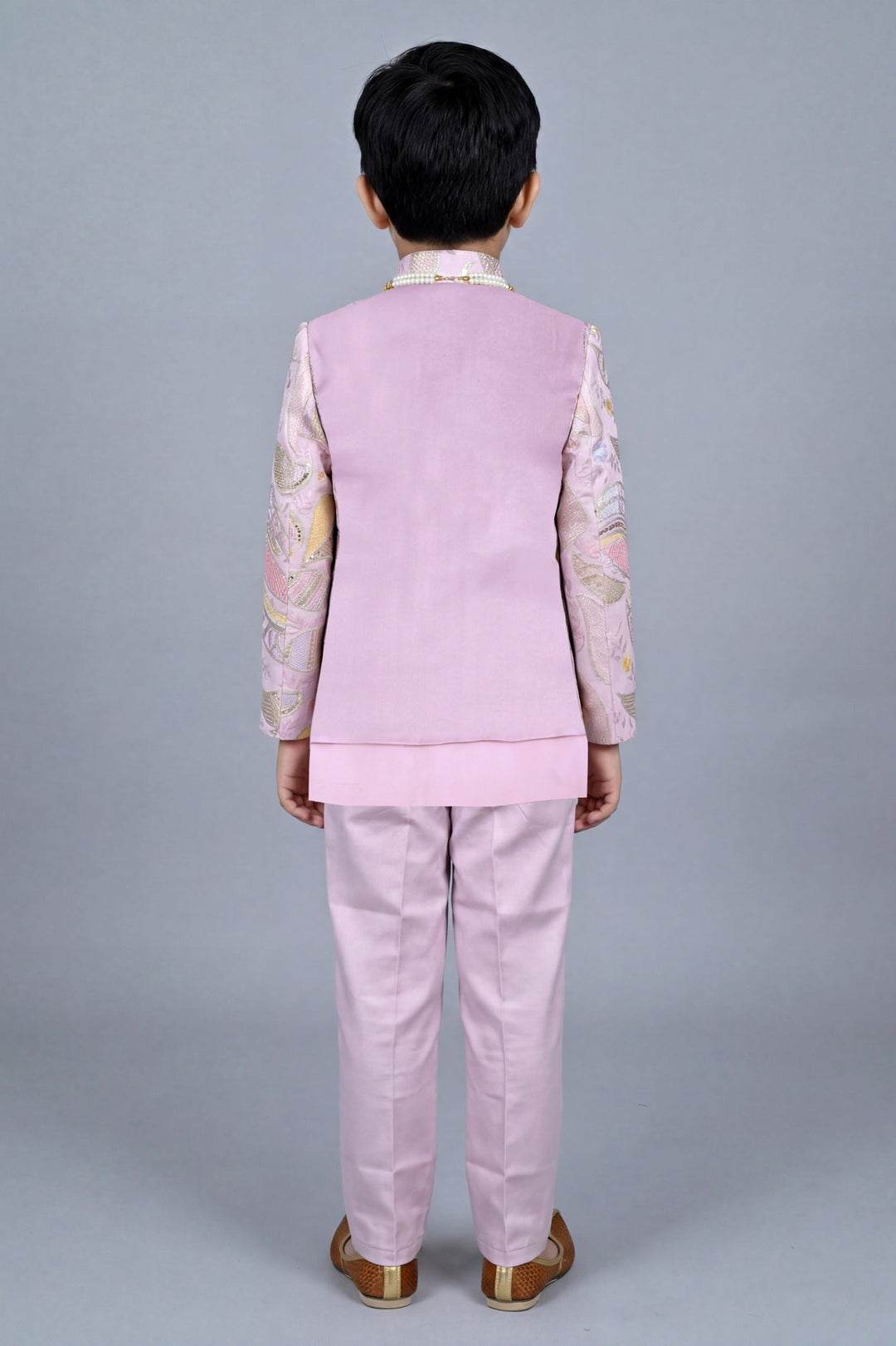 Boys Satin Leaf Embroidered Sequined Sherwani & Trouser Set with Jacket - Lilac | SHOBITAM
