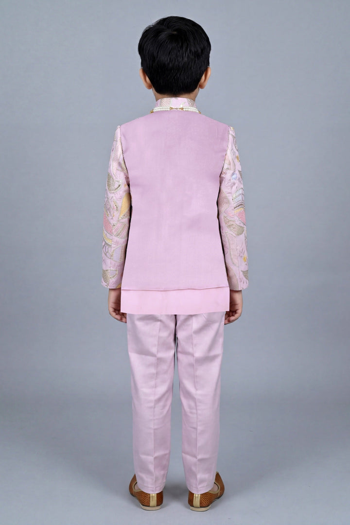 Boys Satin Leaf Embroidered Sequined Sherwani & Trouser Set with Jacket - Lilac | SHOBITAM