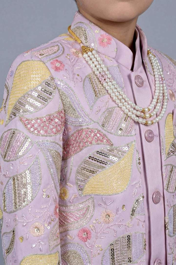 Boys Satin Leaf Embroidered Sequined Sherwani & Trouser Set with Jacket - Lilac | SHOBITAM