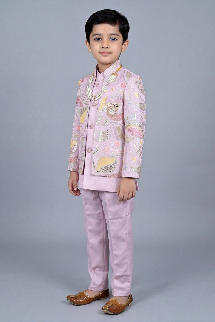 Boys Satin Leaf Embroidered Sequined Sherwani & Trouser Set with Jacket - Lilac | SHOBITAM