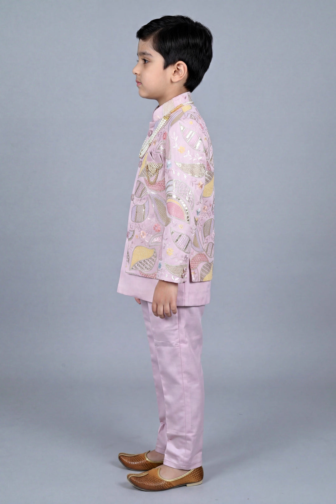 Boys Satin Leaf Embroidered Sequined Sherwani & Trouser Set with Jacket - Lilac | SHOBITAM